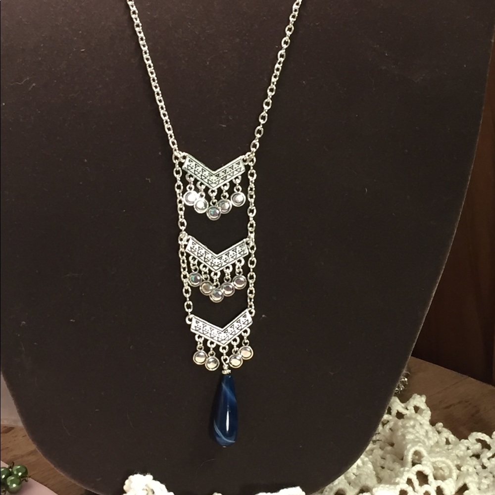 Silver with Blue Stripe Agate Necklace